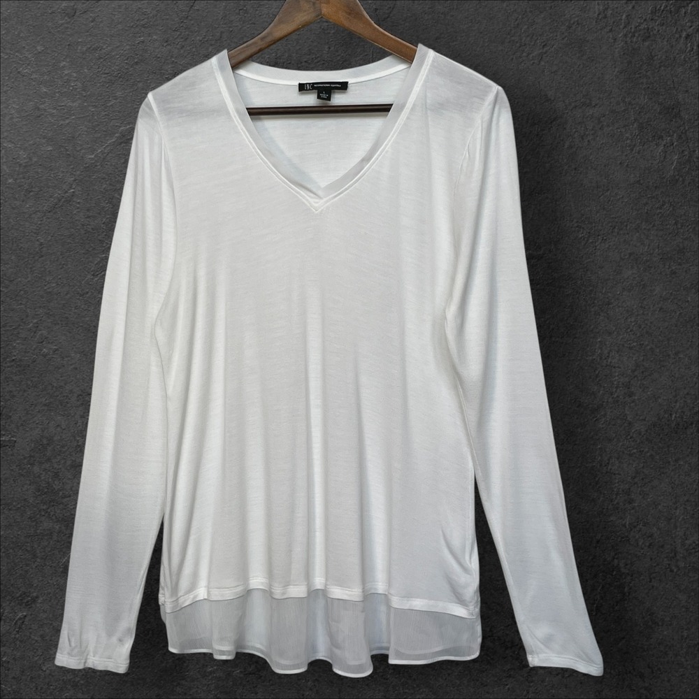 INC International Concepts Womens White V-Neck Long Sleeve Layered Hem Top L